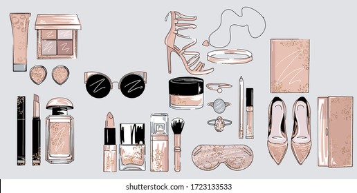 Hand drawn vector beautiful minimalist makeup set with leopard theme print. Hand drawn cosmetics with lipstick, eye shadows, powder, perfume, brushes, mascara on grey background. Beauty Cosmetic set