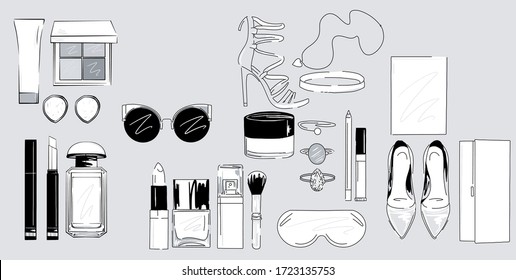 Hand drawn vector beautiful minimalist makeup set black and white. Hand drawn cosmetics with lipstick, eye shadows, powder, perfume, brushes, mascara on grey background. Beauty Cosmetic set