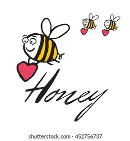 Hand drawn vector bee with heart/ Honey logo
