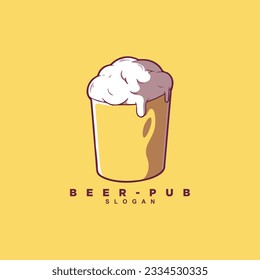 Hand drawn vector beer glass logo design isolated on yellow background
