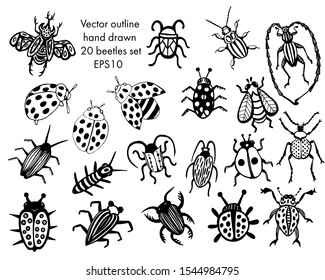 Hand drawn vector beetles. Black and white insects for design, icons, logo or print. Drawn with dots. Great illustration for Halloween.