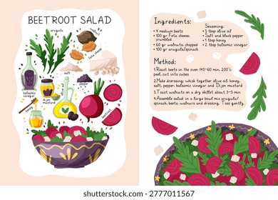 Hand drawn vector beetroot salad recipe poster with ingredients, cooking method and cozy culinary elements. Colorful healthy food illustration for menu, cookbook, or kitchen decor.