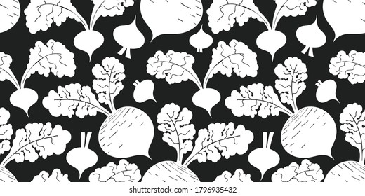 Hand drawn vector beetroot seamless pattern. Organic cartoon fresh vegetable illustration. Cute vegetable botanical background.