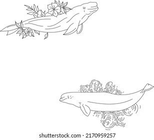 Hand drawn vector beluga whale. Sketch illustration of whale.Line art of beluga with flowers and waves. Minimalistic tattoo design