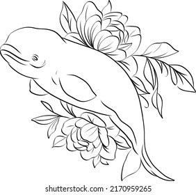 Hand drawn vector beluga whale. Sketch illustration of whale. Line art of beluga with flowers. Minimalistic tattoo design