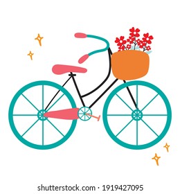 hand drawn vector bicycle with cute pastel color flower bouquet. collection illustration for sticker, label, tag, gift wrapping paper