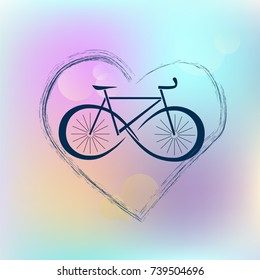 Hand drawn vector bicycle logo with heart on colorful blurred background. I bike you set. Great for designing presentations, printing on textiles or phone cases, stickers, web design, social media