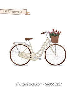 the hand drawn vector bike icon with basket for flowers. the bouquet of roses.  the vector icon for illustration of funny journey and romantic trips. the cycling is a part of healthy life
