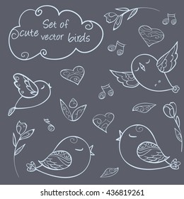 Hand drawn vector birds and romantic icons.Set of  doodle  vector icons. Clip art for design, template for card and posters.Isolated vector illustration.