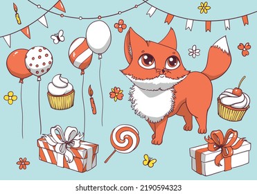 Hand drawn vector birthday assets with a fox, balloons, cupcakes, candles, flowers, gift box, ribbons.
A red fox with white fur chest on a blue background. 