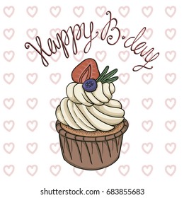 Hand drawn vector birthday card with creamy cupcake