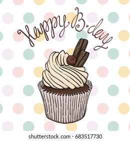 Hand drawn vector birthday greeting card with creamy cupcake