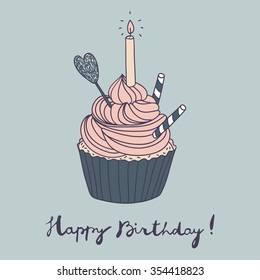 hand drawn vector birthday postcard with a cupcake