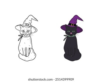 Hand drawn vector black cat sitting in a violet witch hat and green scarf as a symbol of horror Halloween celebration. Sketch illustration in doodle engraved vintage line art style. Mystery, animagus