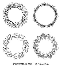 Hand drawn vector black floral rustic circle wreaths with plant leaves and branches on white background