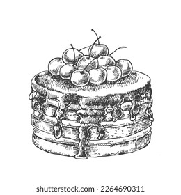 Hand drawn vector black forest cake illustration. German national pie dessert with cherries. Template for menu, ad, label, design