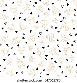 Hand drawn vector black and gold seamless background pattern with hearts. Bright backdrop for wrapping paper, greeting cards, posters, invitation, wedding and Valentines cards.