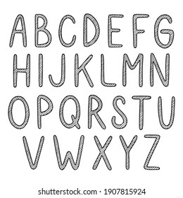 Handgezeichnete Schriftart mit schwarzer Vektorfarbe. Englisches Alphabet, Marker-Stil, doodle große Buchstaben. Für Poster, Karten, Drucke, Design, Dekoration.