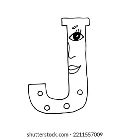 Letra negra vector dibujada a mano. Inglés J, estilo divertido, garabato gran carta. Para afiches, tarjetas, impresiones, decoración de diseño