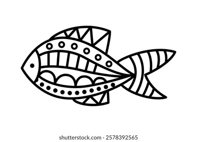 Hand drawn vector black linear fish isolated on white background. Coloring page for kids