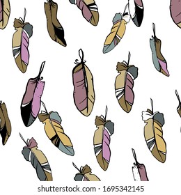 Hand drawn vector black outline feathers seamless pattern. Bright multicolor objects against white background. Wrapping, textile, book cover, fabric template.