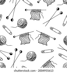 Patrón sin fisuras del contorno negro del vector dibujado a mano. Tejido, tarea favorita. Hilo, agujas de punto, garrapatas, clavija sobre un fondo blanco. Hobby, trabajo de agujas. Para imprimir en tela, embalaje.