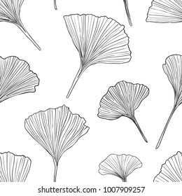 Hand drawn vector black outlone ginkgo leaves seamless pattern isolated on white background. Good for fabric, wallpaper or package.