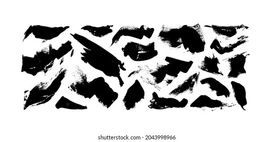Hand drawn vector black paint, ink brush strokes collection. Dry shapes, grunge smears, dirty elements, box or background for text. Grungy brush strokes and rough stains. Abstract black ink shapes. 