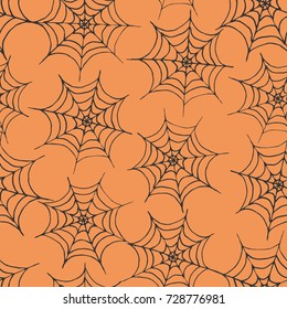 Hand drawn vector black spider web seamless pattern on the orange background. Halloween design.