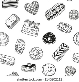 Hand drawn vector black and white background with cakes, cookies and other sweets. Seamless pattern with desserts. Monochrome background. 