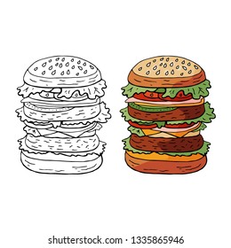 Hand drawn vector black and white and color  huge hamburger on sesame bun isolated on white background