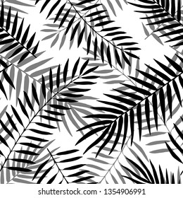 Hand drawn vector Black and white palm leaves seamless pattern. Abstract grunge texture background. Monochrome tropical nature organic illustration. Trendy background with palm texture.