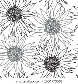 Hand drawn vector black and white sunflower seamless pattern. Wrapping paper decoration, fabric and textile print, wallpaper.