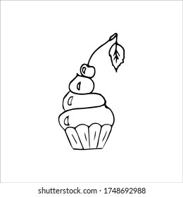 Hand drawn vector black and white sketch of a cupcake with cream and cherry on a white background
