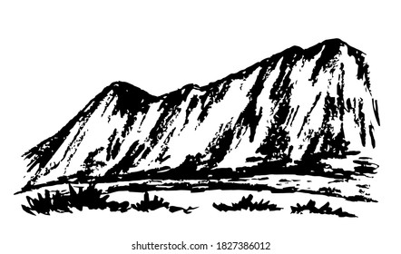 Handgezeichnete, schwarz-weiße Skizze. Gebirgskette, wilde Landschaft, Natur. Für Drucke Postkarte, Tourismus, Reisen.