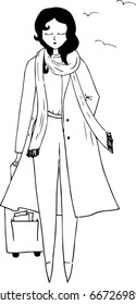 Hand drawn vector black and white line illustration. Young pretty girl in coat and long scarf going on a trip with a suitcase. Three birds are flying on the background. Front view