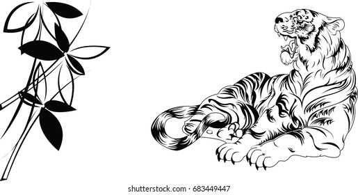 Hand drawn vector black and white tiger with bamboo