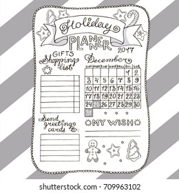 Hand drawn vector black and white Christmas holiday planner, good for coloring