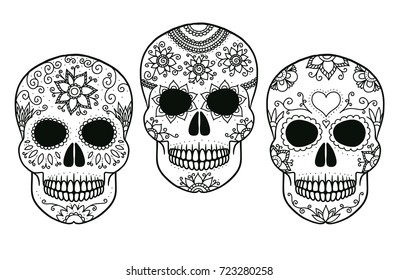 Hand drawn vector black and white outline day of the dead skulls, good for coloring