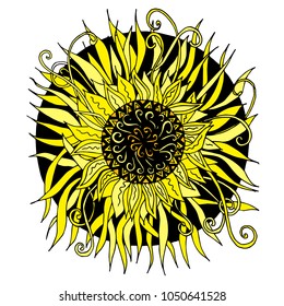 Hand drawn vector black and yellow mandala, doodle style design element, ethnic amulet for print, for web