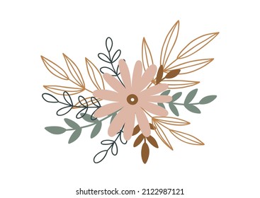 Hand drawn vector blooming bouquet isolated on white. Charming botanical illustration for prints, posters, branding and holiday designs. Floral arrangement with flowers, branches and leaves