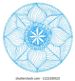 Hand drawn vector blue mandala sketch, doodle style design element, ethnic amulet for print, for web