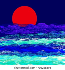 Hand drawn vector of  blue ocean and red sun