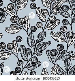 Hand drawn vector blueberries branches pattern. Blueberries graphic textile pattern. Blueberries sketch illustration.