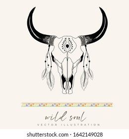 Hand drawn vector bohemian elements bull skull