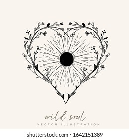 Hand drawn vector bohemian elements heart and sun