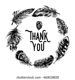 Hand drawn vector boho illustration. Vintage decorative feather wreath ink drawing. Tribal design elements. Perfect for invitations, greeting cards, quotes, blogs, posters and more.
