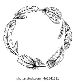 Hand drawn vector boho illustration. Vintage decorative feather wreath ink drawing. Perfect for invitations, greeting cards, quotes, posters and more.