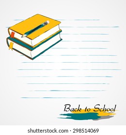 Hand drawn vector books and pencil on the light background with stripes