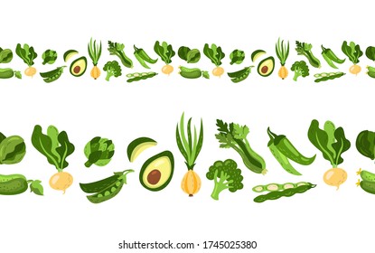 Hand drawn vector border of green vegetables. Vegetarian food border.  Cartoon style. Onion, peas, beans, turnip, artichoke, cucumber, pepper, avocado, cabbage, broccoli.